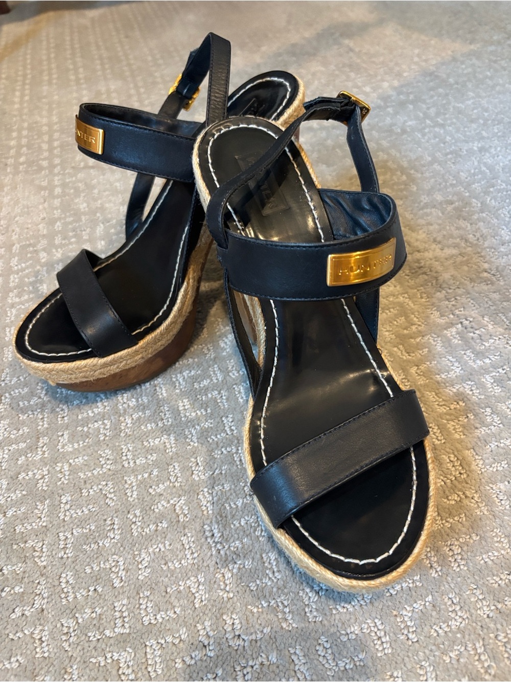 HUNTER Gonave Leather and Wood Block Heel Platform Espadrille Sandals, 9 GUC